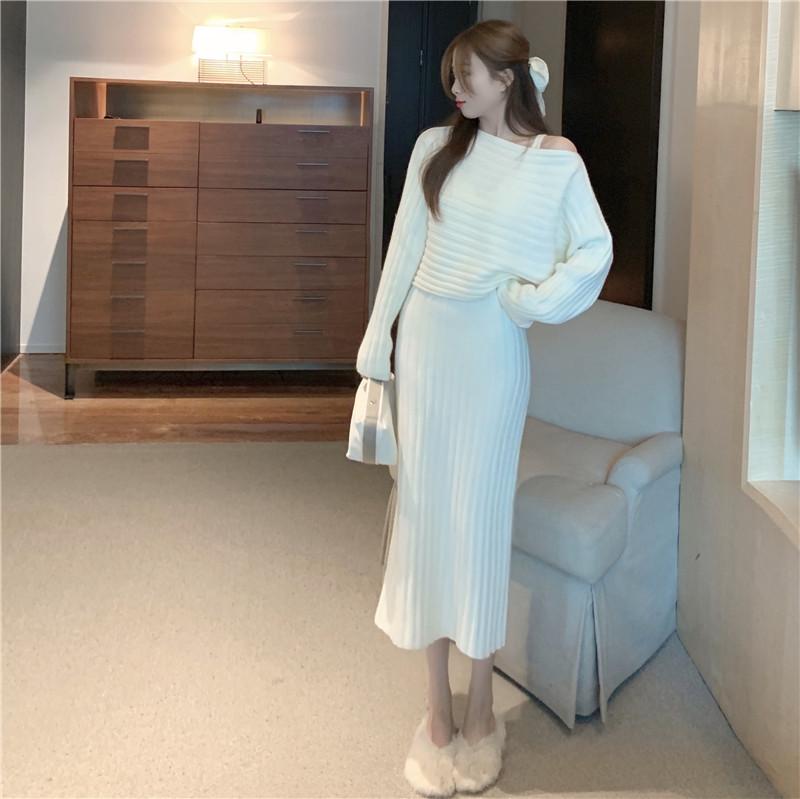Pullover Sweater Knitted Sling Dress Set