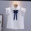 Girls White Shirt Cotton Sleeveless Lace Collar Ruffle Blouse Children School Uniform Top Student Class Wear Spring Autumn Korean Style Fashion Design