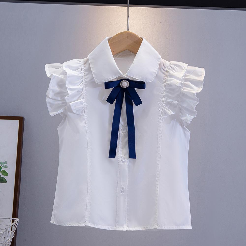 Girls White Shirt Cotton Sleeveless Lace Collar Ruffle Blouse Children School Uniform Top Student Class Wear Spring Autumn Korean Style Fashion Design