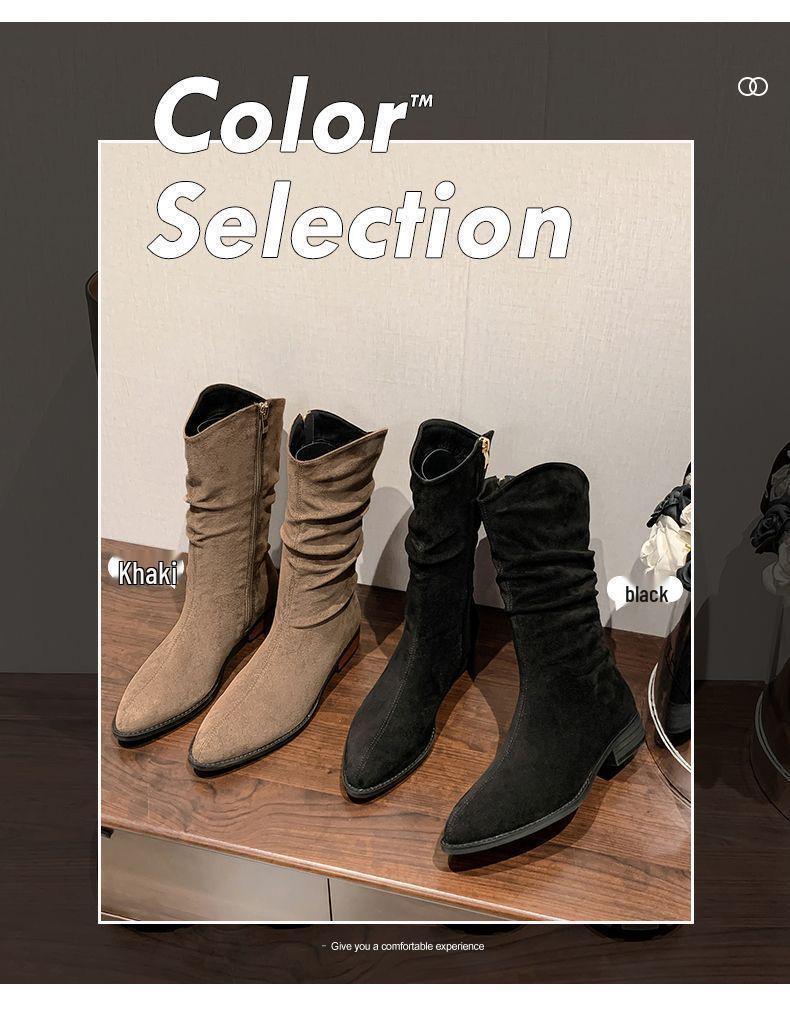 Women's 2025 French Retro Pointed Toe Mid-Calf Boots - Autumn/Winter Soft Suede Leather, Chunky Heel, Non-Slip