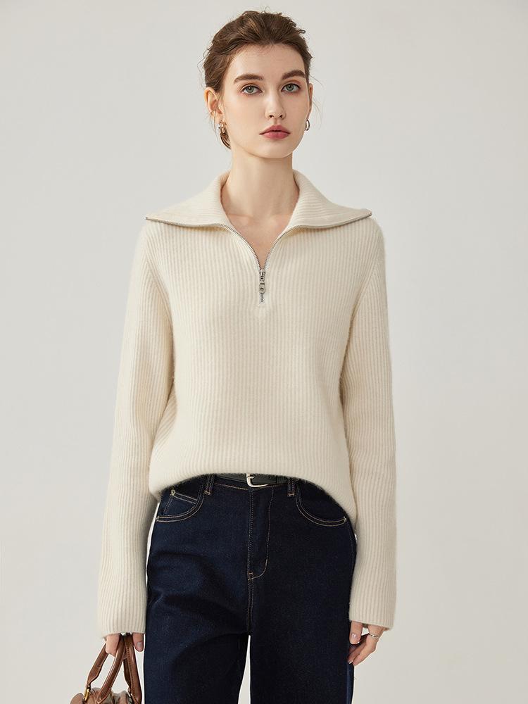 Women's 2026 Autumn/Winter Cashmere Lapel Half-Zip Knit Sweater: Elegant, Thick, Warm Base Layer