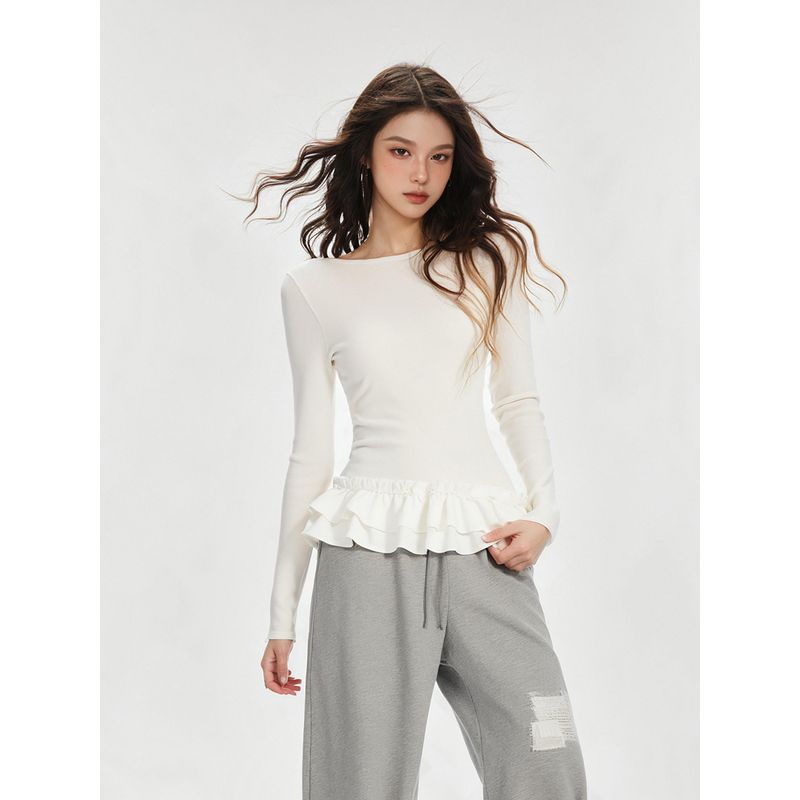 Shiyiyue White Lace Base Shirt for Women, Early Autumn Slim Fit, Flattering, Regular Shoulder, Long Sleeve T-Shirt for Layering