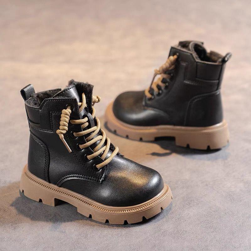 Bambini 1Stivali in pelle nera per ragazze Stivali singoli per ragazze Stivali corti per ragazzi Stivali in velluto e cotone per autunno e inverno Tide