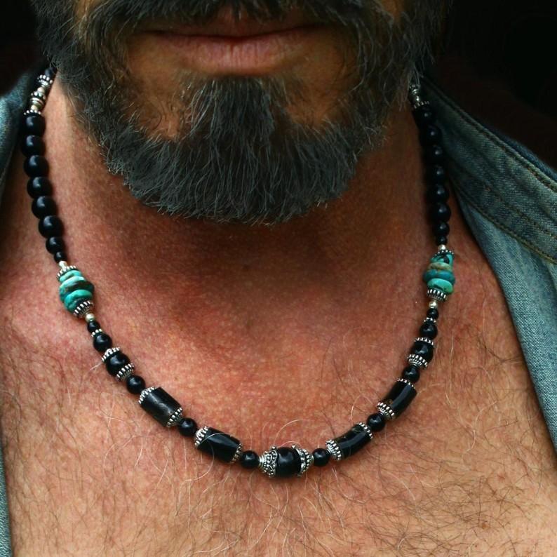 Handmade Punk Men's Turquoise Necklace Small Hip Hop Jewelry Natural Stone Pendant