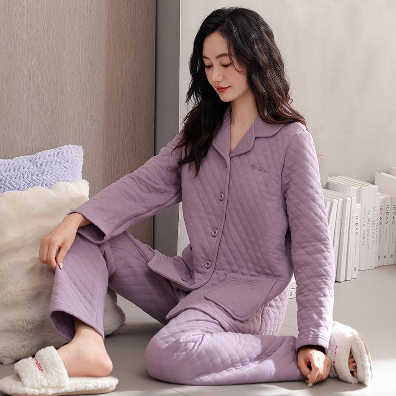 Pajamas Women'S Spring And Autumn Thickened Pure Cotton Interlayer Women'S Air Cotton Thin Cotton Padded Autumn And Winter Mother Loungewear