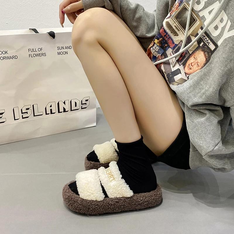 Fashion 2024 New Mao Slippers for Female Outwear Autumn and Winter Korean Thick Sole One Line Drag Girl Fairy Style Cotton Drag Ins