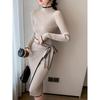 Vestito lavorato a maglia da donna, nuovo autunno inverno, sottile, con lacci, manica lunga, gonna con fondo in maglia, elegante, moda, ufficio, vestidos femminili