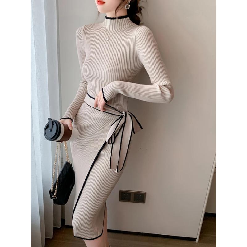 Vestito lavorato a maglia da donna, nuovo autunno inverno, sottile, con lacci, manica lunga, gonna con fondo in maglia, elegante, moda, ufficio, vestidos femminili