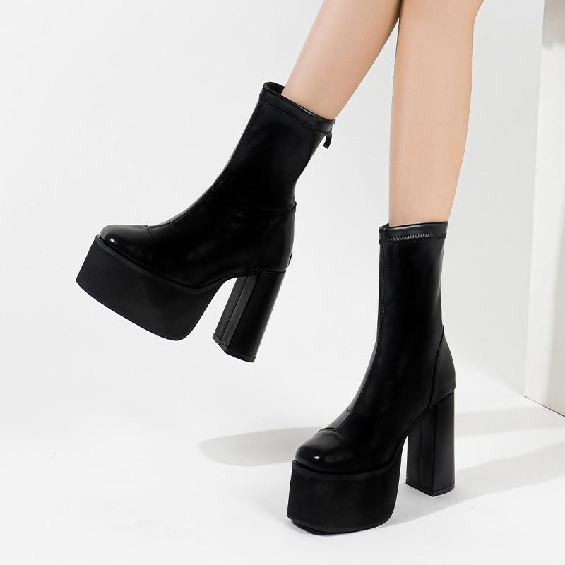 

Женские ботильоны на высоком каблуке 10 см, водонепроницаемой платформе и толстом каблуке, большого размера 34-42, эластичные носки-ботинки, квадратный носок, на четыре сезона, короткие 34 чёрный