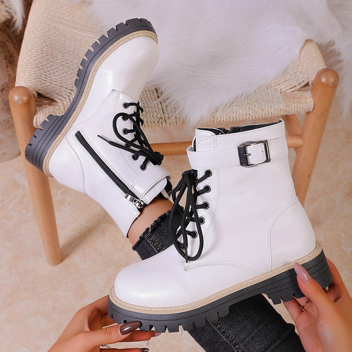 

2025 autumn and winter new black Martin boots women s velvet British style thick heel versatile medium tube Martin boots children 43 белый