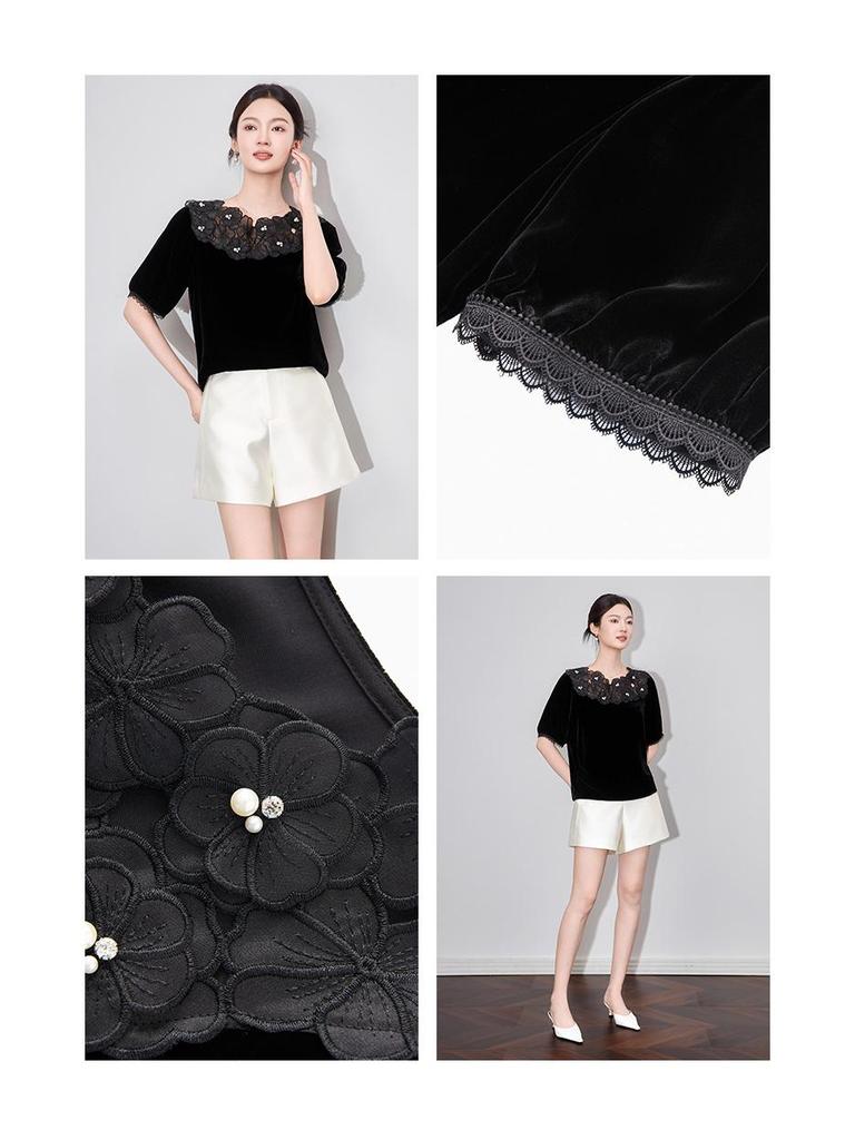 Wysokiej jakości jedwabny aksamitny top z kwiatowym haftem i koralikami, z krótkim rękawem i okrągłym dekoltem - Letnia elegancja dla kobiet