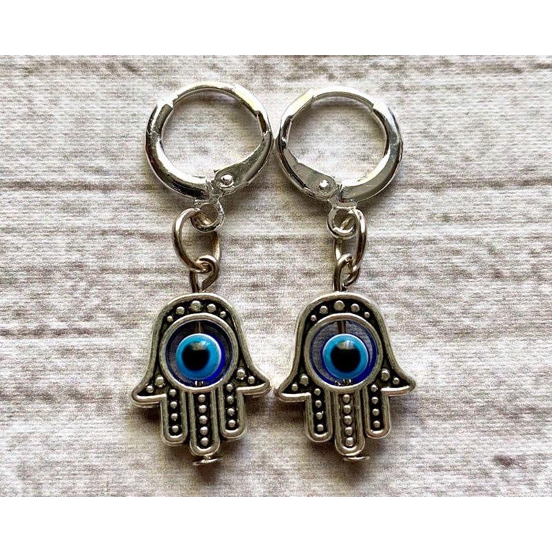 Hand of Fatima Blue Evil Eye Earrings with Alloy Electroplating