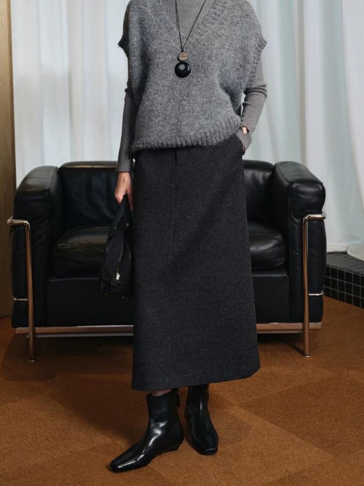 Wen Jiu Elegant High-Waisted Wool Suit Skirt - Mid-Length, Winter Classic