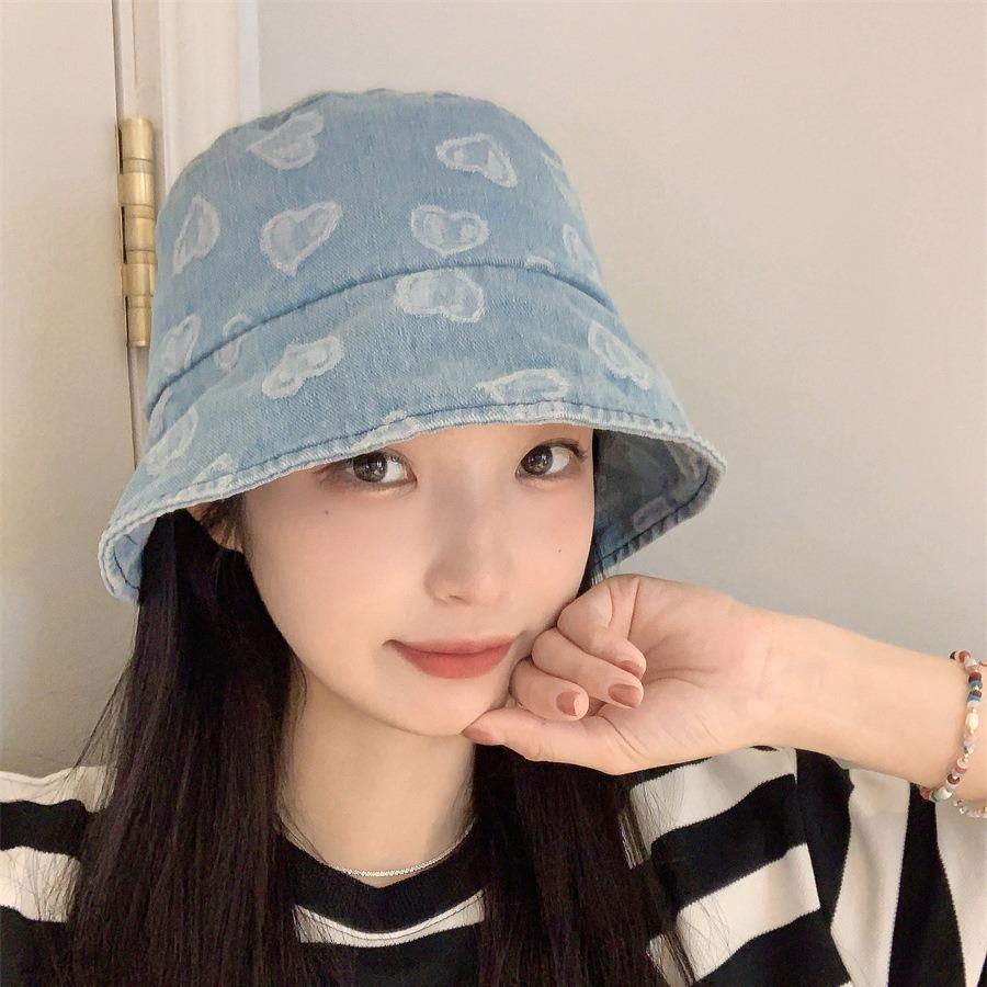 Love Heart Print Denim Bucket Hats for Women Korean Summer Panama Fisherman Caps Outdoor Travel Lady Sunscreen Basin Caps