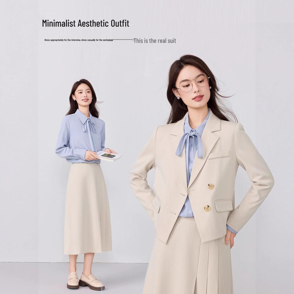 Women's Petite Short Blazer Jacket & Skirt Set - Spring/Autumn 2025, Professional Formal Wear