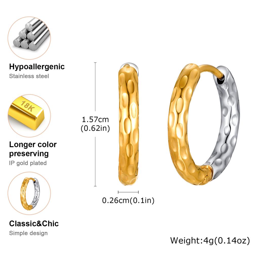 New Two Tone Circle Hoop Earring for Women, Hammered Stainless Steel Women's Mini Huggie Earrings, Gold Plated Small Hoops