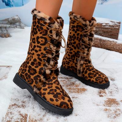 Mode Hiver Nouvelles Bottes en Coton à Talons Bas pour Femmes Bout Rond Imprimé Léopard Lacets Avant Antidérapantes Résistantes à l'Usure Bottes Mi-mollet