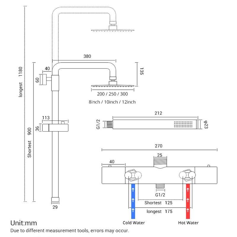 Set Robinet Amestecător Termostatic pentru Duș, Robinet Termostatic de Baie, Montare pe Perete, Braț cu Divertor, cu Spray de Mână și Cap de Duș Tip Plafon