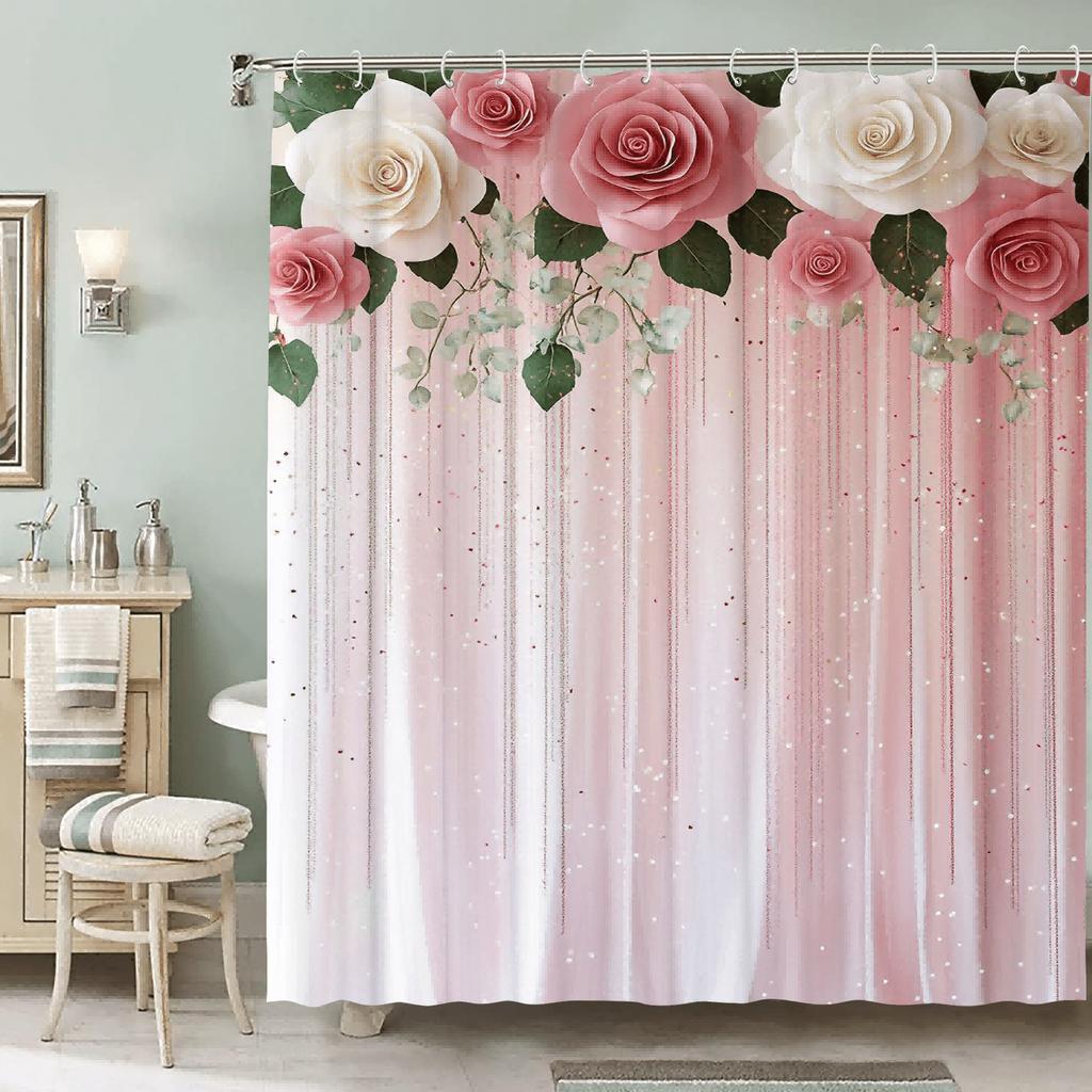 Romantischer Rosa-Weißer Rosen-Duschvorhang mit Glitzerdetails für ein Glamouröses, Floral-Inspiriertes Badezimmer-Dekor-Thema