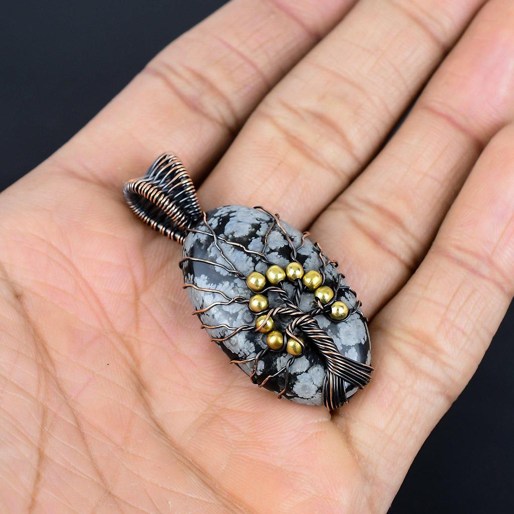 Tree Of Life Snowflake Obsidian Pendant, 999 Copper Wire Wrapped Gemstone Handmade Dainty Jewelry Pendant, For Her