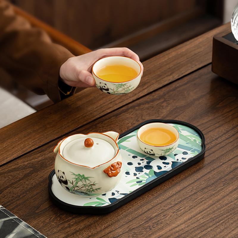 Mengqu Panda Tea Set Guochao Light Luxury Ru Kiln Opening Film Household Complete Set of Tea Trays High-end Gift Boxes Business Customization