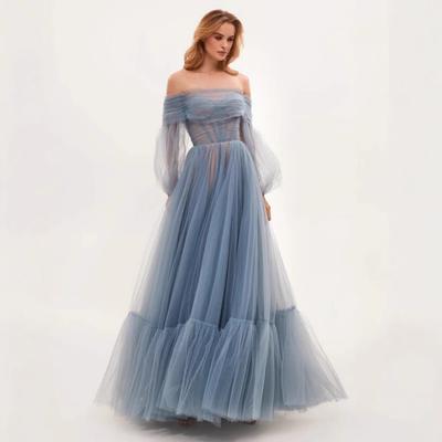 Foreign Trade Women's Clothing Wish One-word Shoulder Mesh Long-sleeved Wedding Dress Big Swing Dress