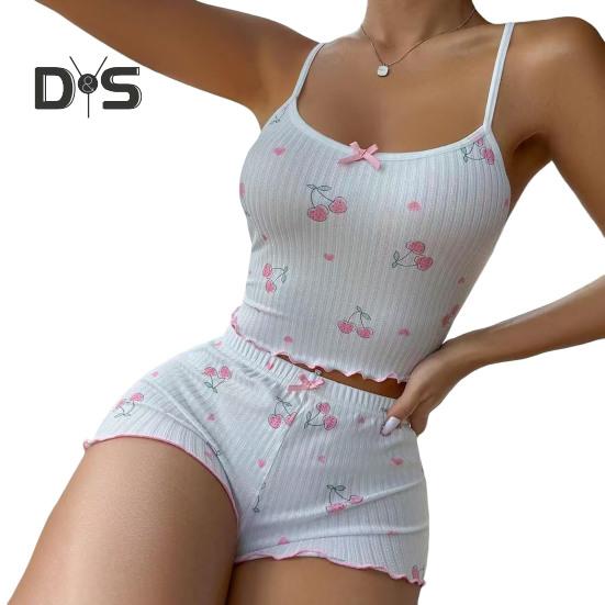 

2 шт./комплект женский жилет шорты костюм бант вишневый принт U-образный вырез без рукавов топ с высокой талией короткие брюки домашняя одежда одежда для отдыха летняя одежда для сна S розовый/белый