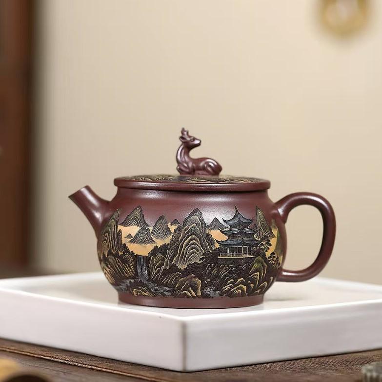 

Fawn Stone Drum Pot: Handmade 280cc Purple Clay Tea Set with Carved Design