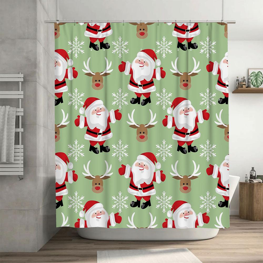 Santa Claus Reindeer Christmas Shower Curtain Set for Bathroom Decor Green Snowflake Pattern Bath Mat Tissue Holder 24 Hooks Non