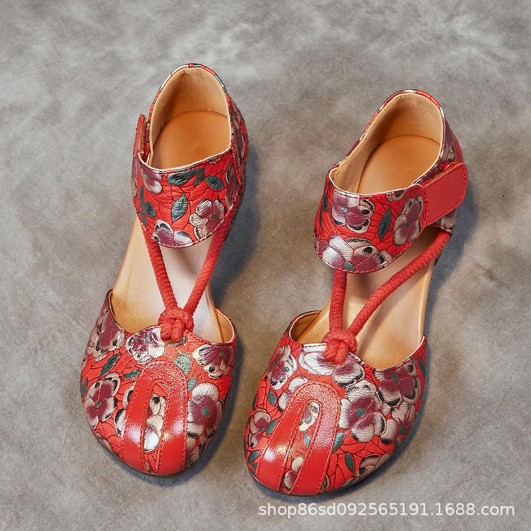 Сандалии женские верхняя одежда этнические летние женские туфли свиная кожа тисненый грубый каблук мягкая подошва кожаные туфли 35 красный 5419₽