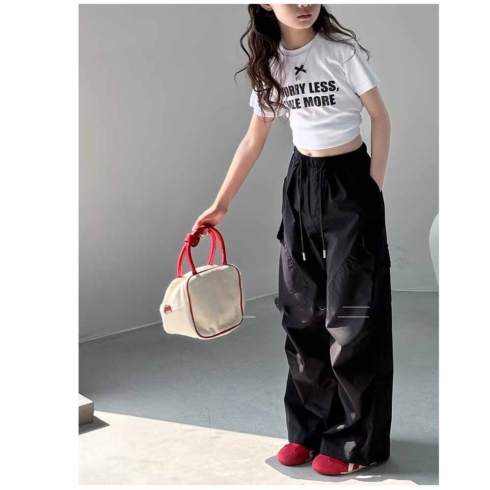 Girls Loose Cargo Pants Spring Kids Fit Fashionable Sporty Trousers Summer Anti-Mosquito Long Pants Straight Wide Pocket Trouser