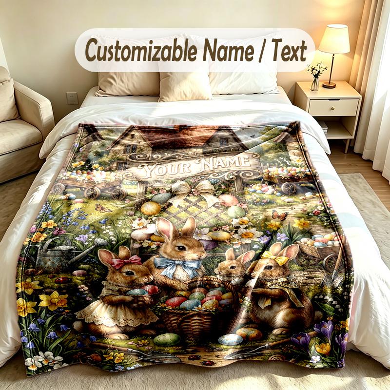 Easter Bunny Theme Soft Blanket Personalized Custom Name Text Print Warm Blanket Home Sofa Bedroom Decor