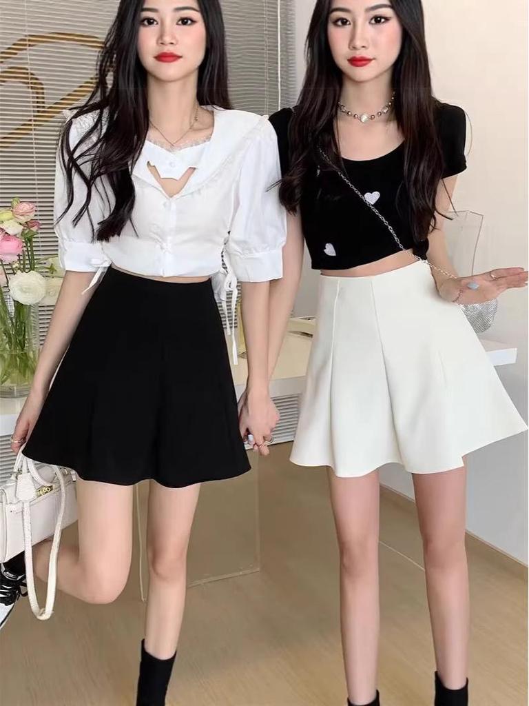 2026 Summer High Waist Black A-line Skirt with Ruffles - Slimming Academy Style for Petite Women