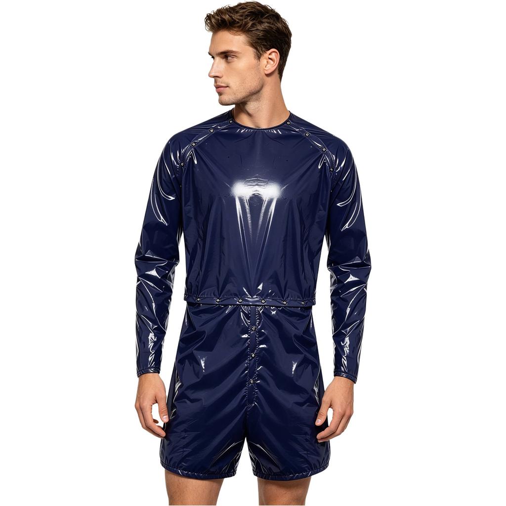 S-3XL Tuta da Sauna Impermeabile per Uomo Tuta Intera a Maniche Lunghe Pulsanti sulle Spalle Vita Cavallo Boxer Staccabili Body per Costumi da Bagno