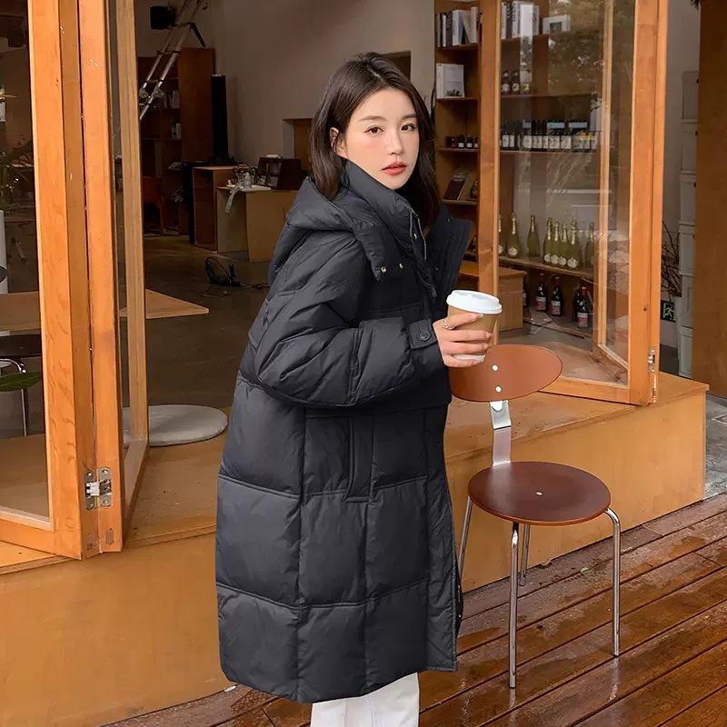 Corner buckle down jacket women's long over the knee 2024 winter new hooded thickened white duck down warm jacket large size