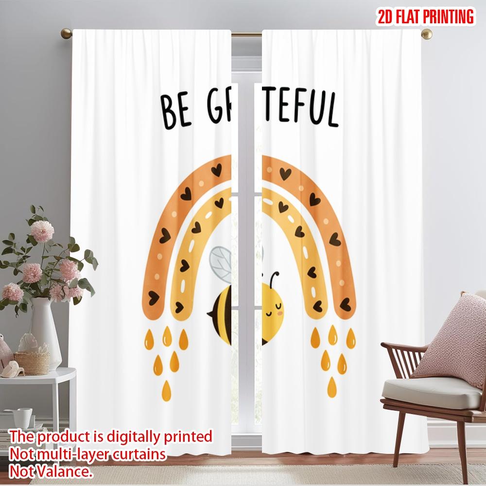 

2pcs 2D flat printing Window Treatment Curtains Bee Rainbow Grateful Quote 100% Polyester Without Electricity Family Party for 52.50×116.00 CM 2pcs