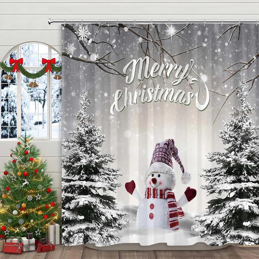 Christmas Snowman Shower Curtain Santa Claus Christmas Gifts Snow Printed Polyester Fabric Home Decor Shower Curtain With Hooks 90x180cm35x71in