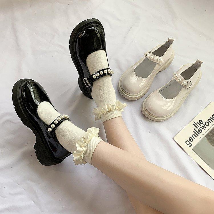 French retro British style small leather shoes female summer new pearl fairy word with platform Mary Jane single shoes