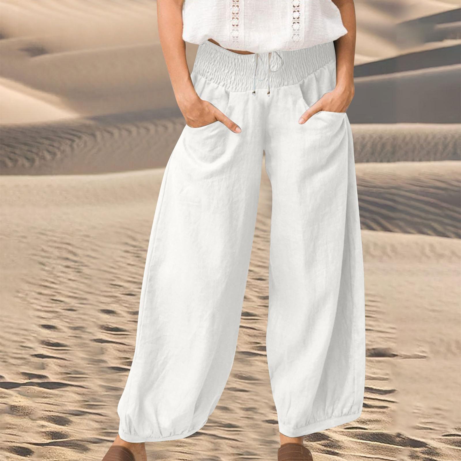 

Летние льняные брюки Bolukets, женские легкие брюки из ткани, повседневные брюки, широкие пляжные брюки XXL белый