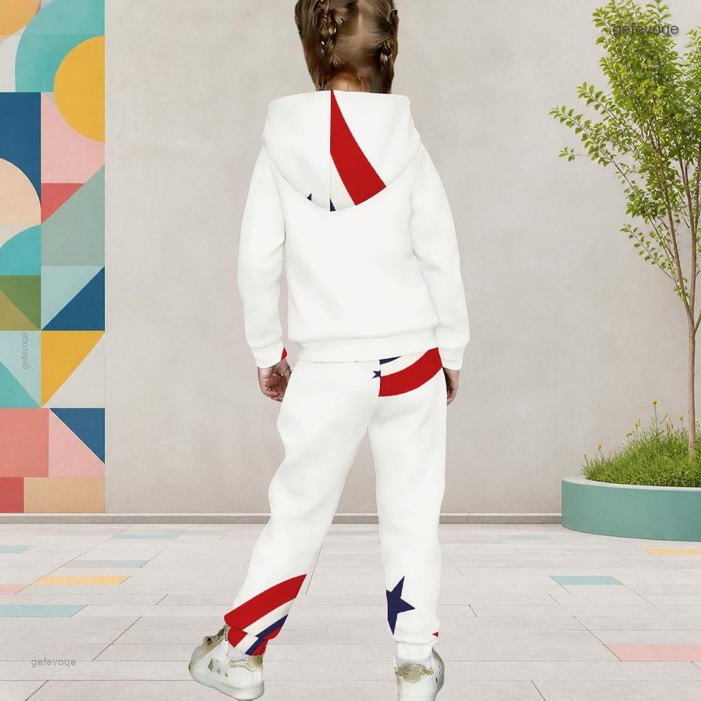 Girls White Printed Hooded Long Sleeve 2 Piece Outfit Kangaroo Pocket Cuffed Pants Set
