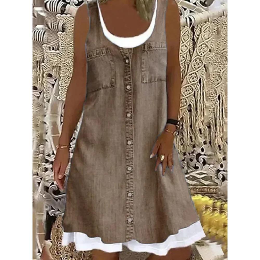 Nouvelle robe 2025 pour femme à impression numérique Fausse pièce deux pièces Imitation Jean Robe Décontractée Ample Col Rond Robe débardeur Femme Vestidos