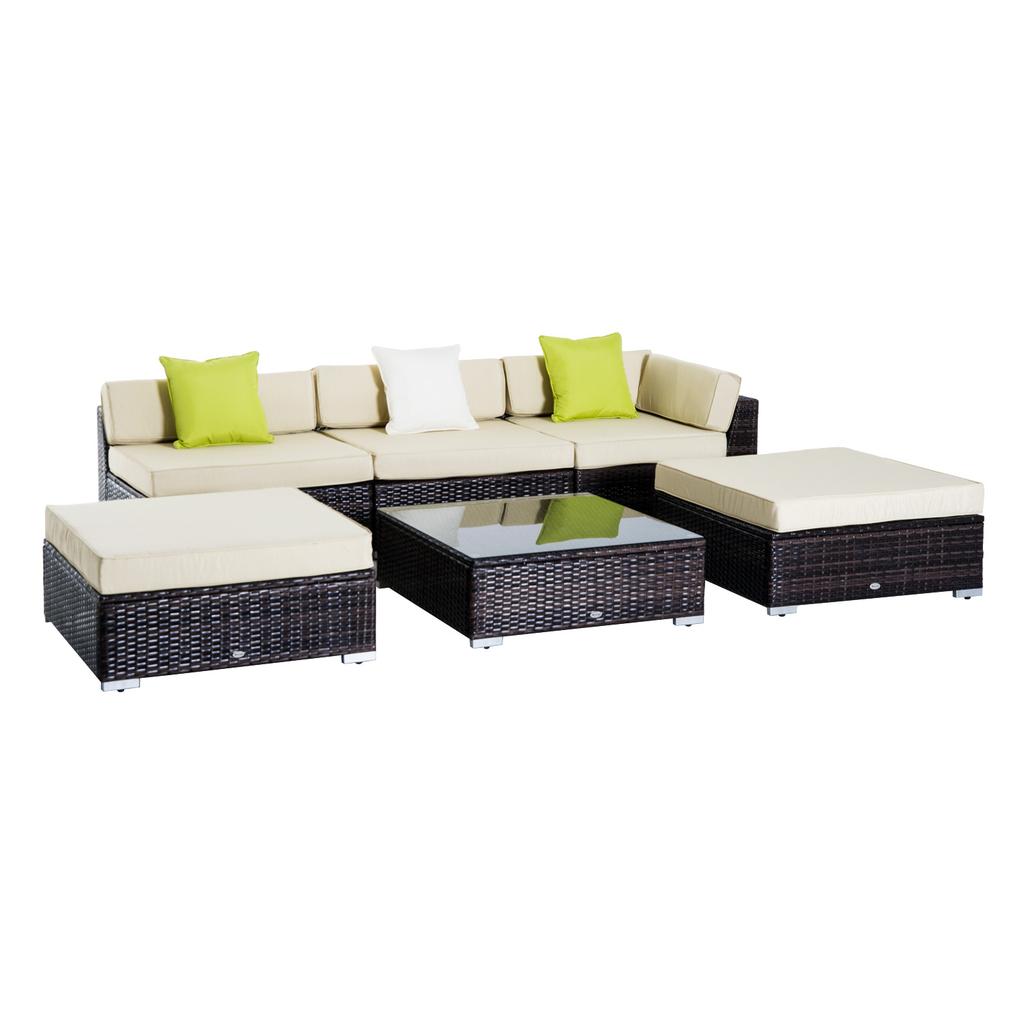 6 Pieces Rattan Garden Furniture Set, 5 Seater Garden Sofa Set with Thickened Cushions, Glass Top Coffee Table and Ottomans
