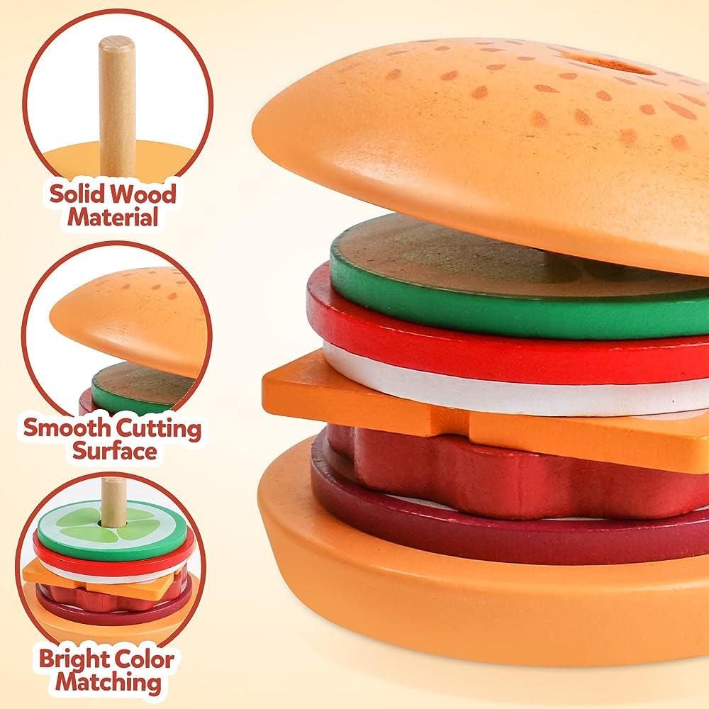 Montessori Wooden Burger Stacking Toys For Toddler Kids Preschool Learning Educational Toys Fine Motor Skill Kitchen Toys Gift