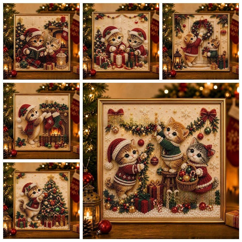 Handmade DIY Pearl Bead Art Kit Cartoon Cat Santa Crystal Painting Set Christmas Decor Winter