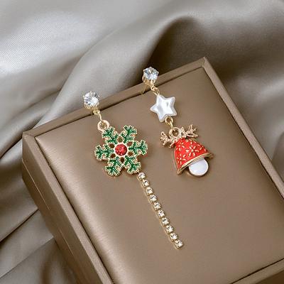 Merry Christmas Zircon Snowflake Bell Stud Earring for Women Xmas Tree Deer Bowknot Asymmetric Earring New Year Festival Jewelry