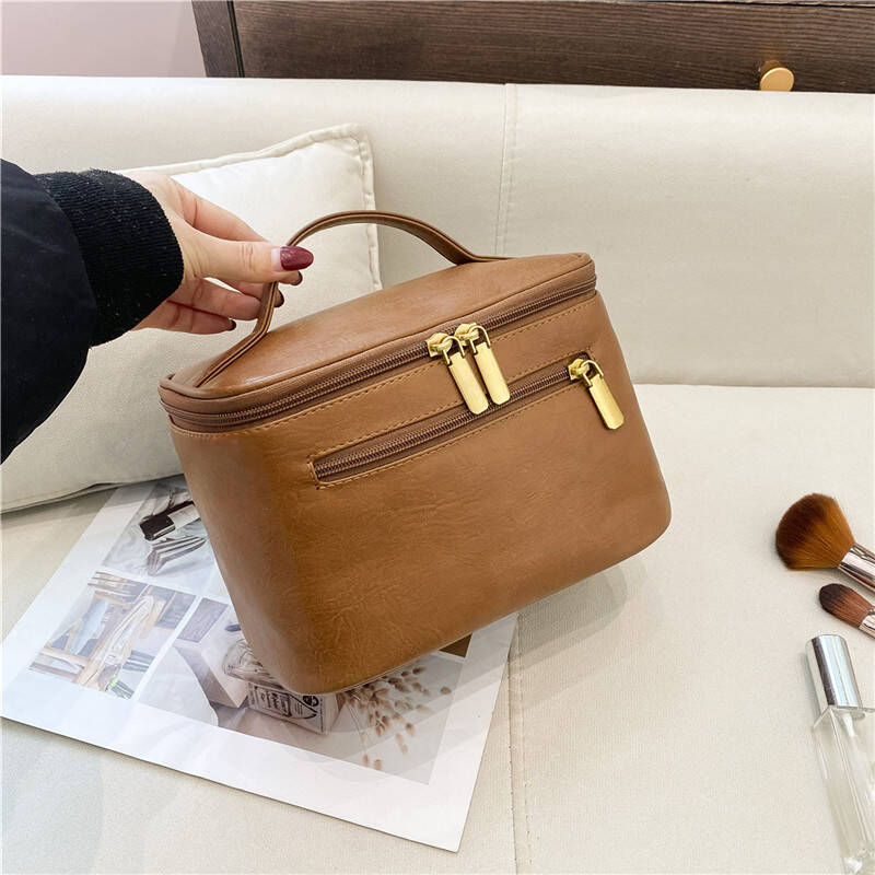 New Leather Portable Makeup Case Zipper Pulls Extra Pocket Handle Multiple Compartments Travel Skincare Toiletries Storage Bag
