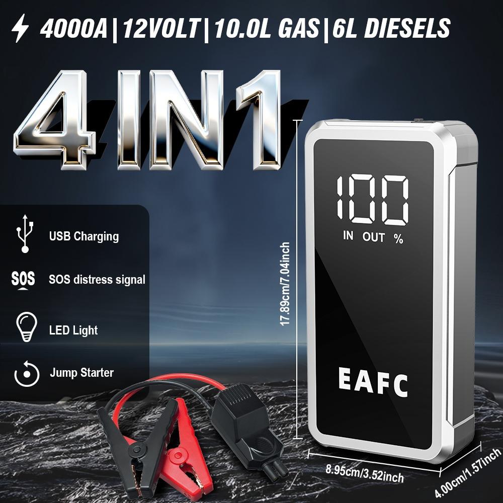 EAFC 4000A Peak 12V Portable Car Jump Starter Power Bank, Car Emergency Rescue Tool, for Up to 10.0L Gasoline /6.0L diesel cars with Smart Clip