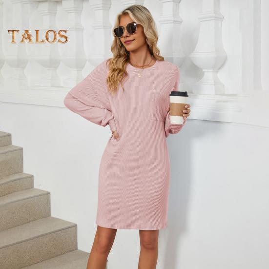 Herbst Frühling Kleid Faden Einfarbig Lose Brust Tasche Lange Ärmel O Hals Pullover Knie Länge Pendeln Dating Midi Kleid
