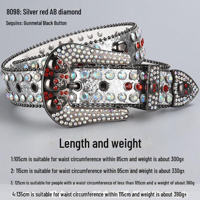 Curea de lux cu cataramă cu strasuri și craniu închis la culoare, cu paiete și diamante