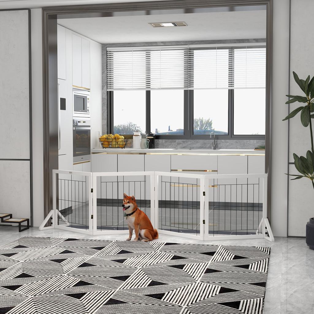 Folding Dog Gate with 4 Panels and Triangular Feet, 280x70 Cm, White